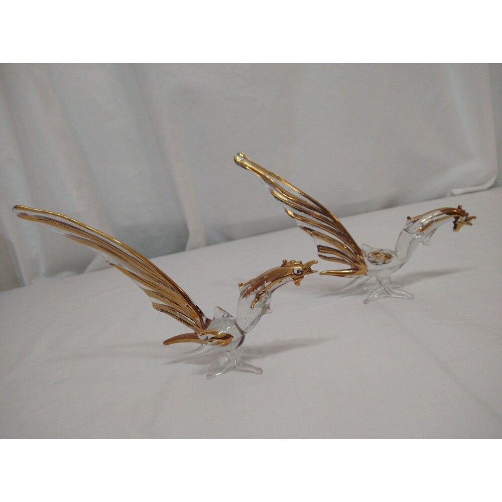 Vintage Hand-Blow Glass Fighting Roosters Figurines Sculptures Clear/Gold